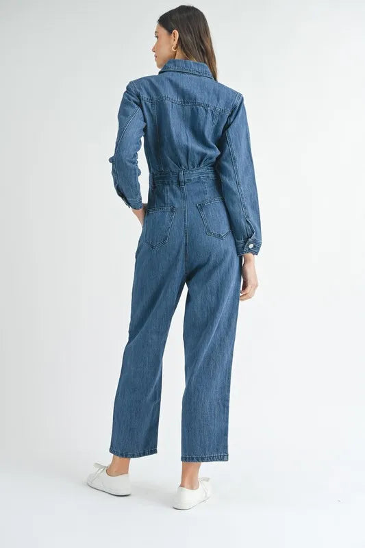 Cinched Waist Straight Leg Denim Jumpsuit