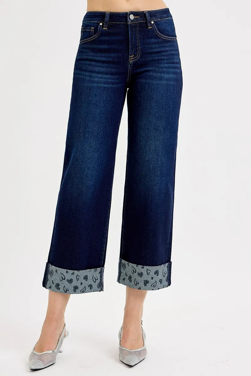 Full Length Crop Fit Wide Leg Jeans with Patterned Cuff