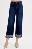Full Length Crop Fit Wide Leg Jeans with Patterned Cuff