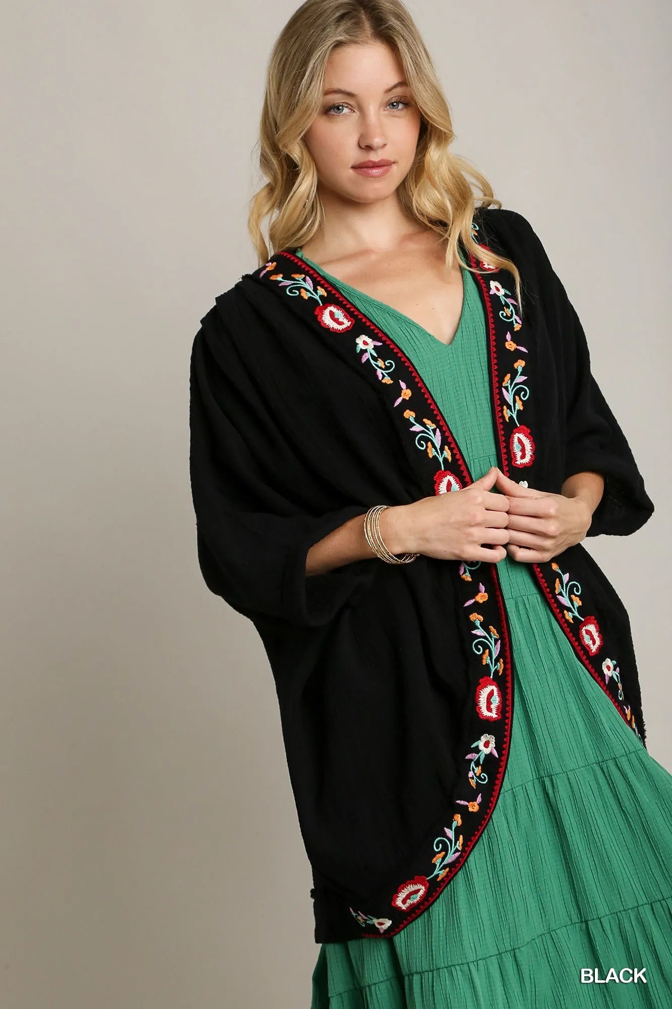 Elegant Embroidered Kimono with Pleated Shoulder Design
