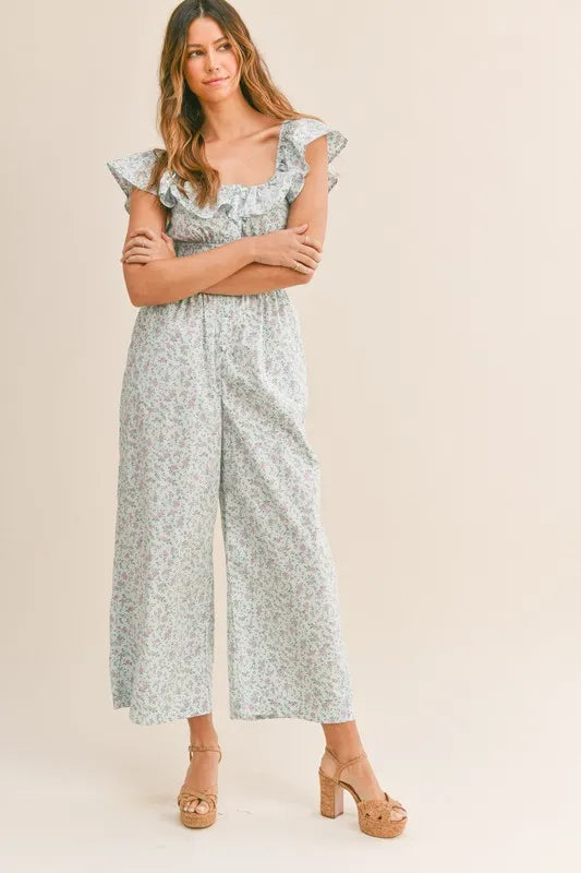 Floral Print Ruffled Cap Sleeve Jumpsuit