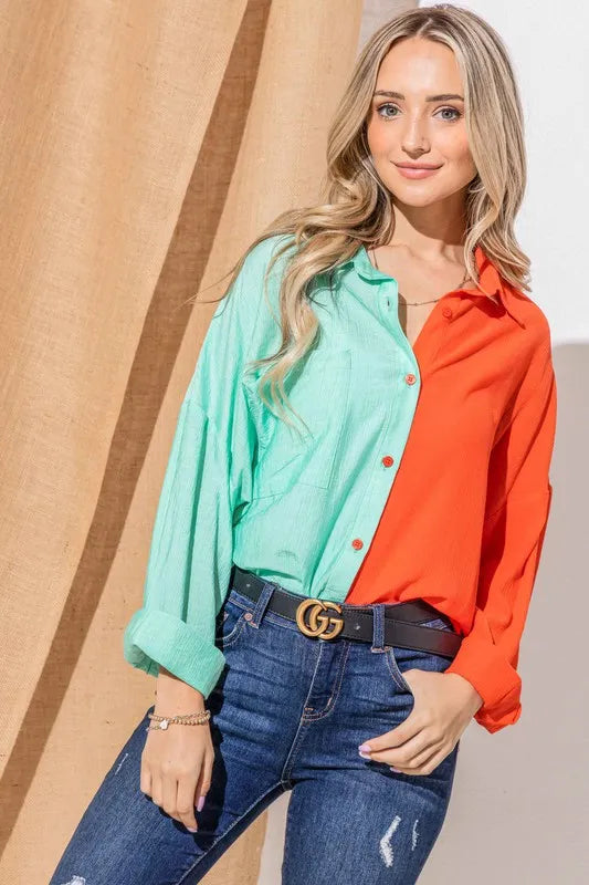 Color Block Button-Down Casual Shirts
