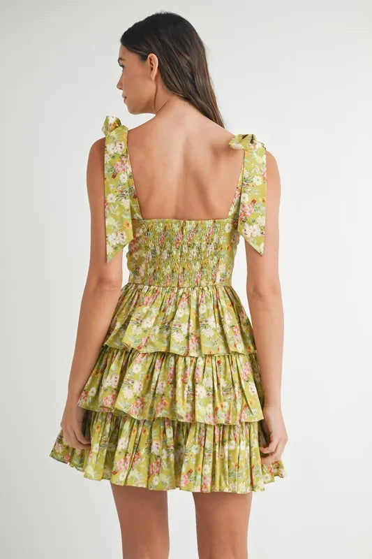 Floral Print Shoulder Tie Layered Mini Dress