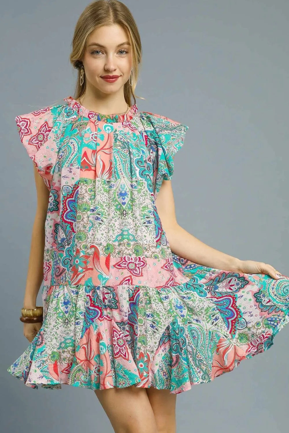 Boho Paisley Ruffle Sleeve Mini Dress