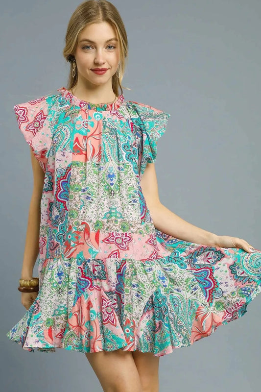 Boho Paisley Ruffle Sleeve Mini Dress