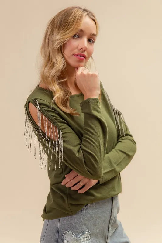 French Terry Cold Shoulder Ringstone Fringe Top
