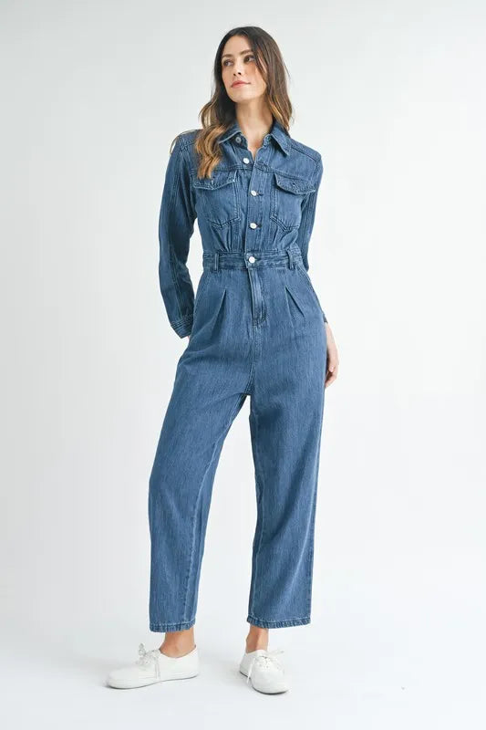 Cinched Waist Straight Leg Denim Jumpsuit