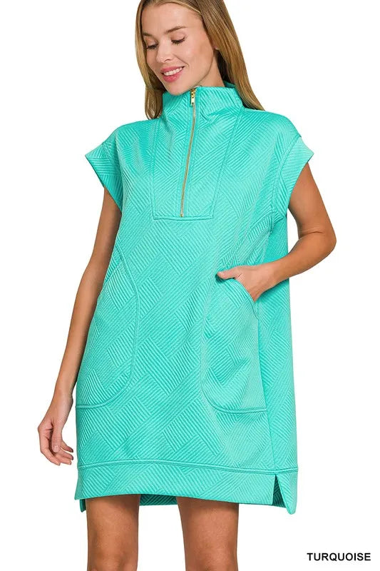 Textured Knit Jacquard Quarter Zipper Mini Dress