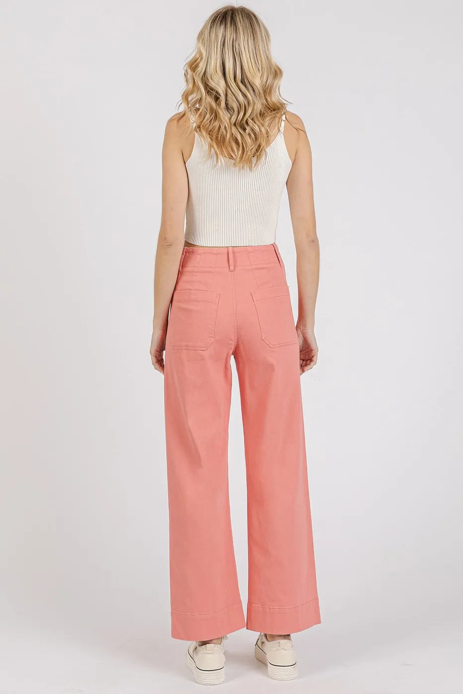 Twill Patch Pocket High Rise Wide Leg Pants