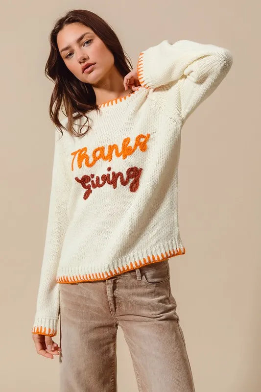 Thanksgiving Tinsel Lettering Sweater Top