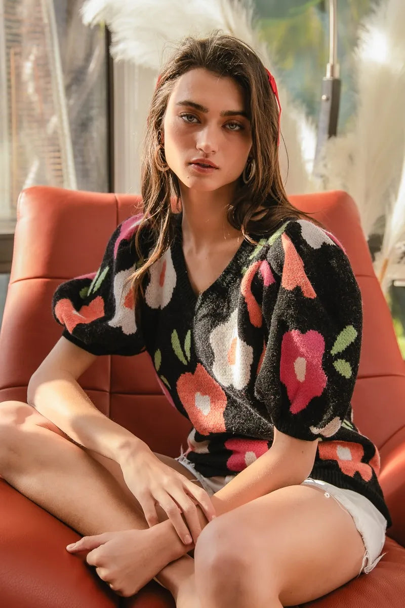 Floral Pattern Puff Sleeves V-Neck Sweater