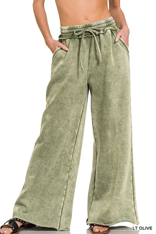 Full Size Acid Wash Fleece Palazzo Sweatpants with Pockets Plus Size
