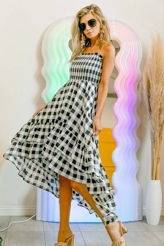 Smocked Body Off Shoulder Check Dress