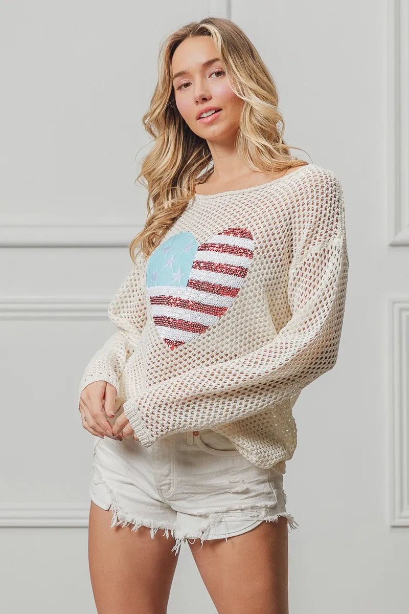 Sequin American Flag Heart Knit Up