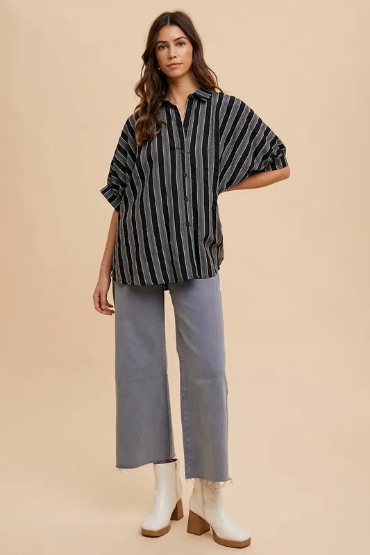 Oversized Drop Shoulder Striped Woven Shirt