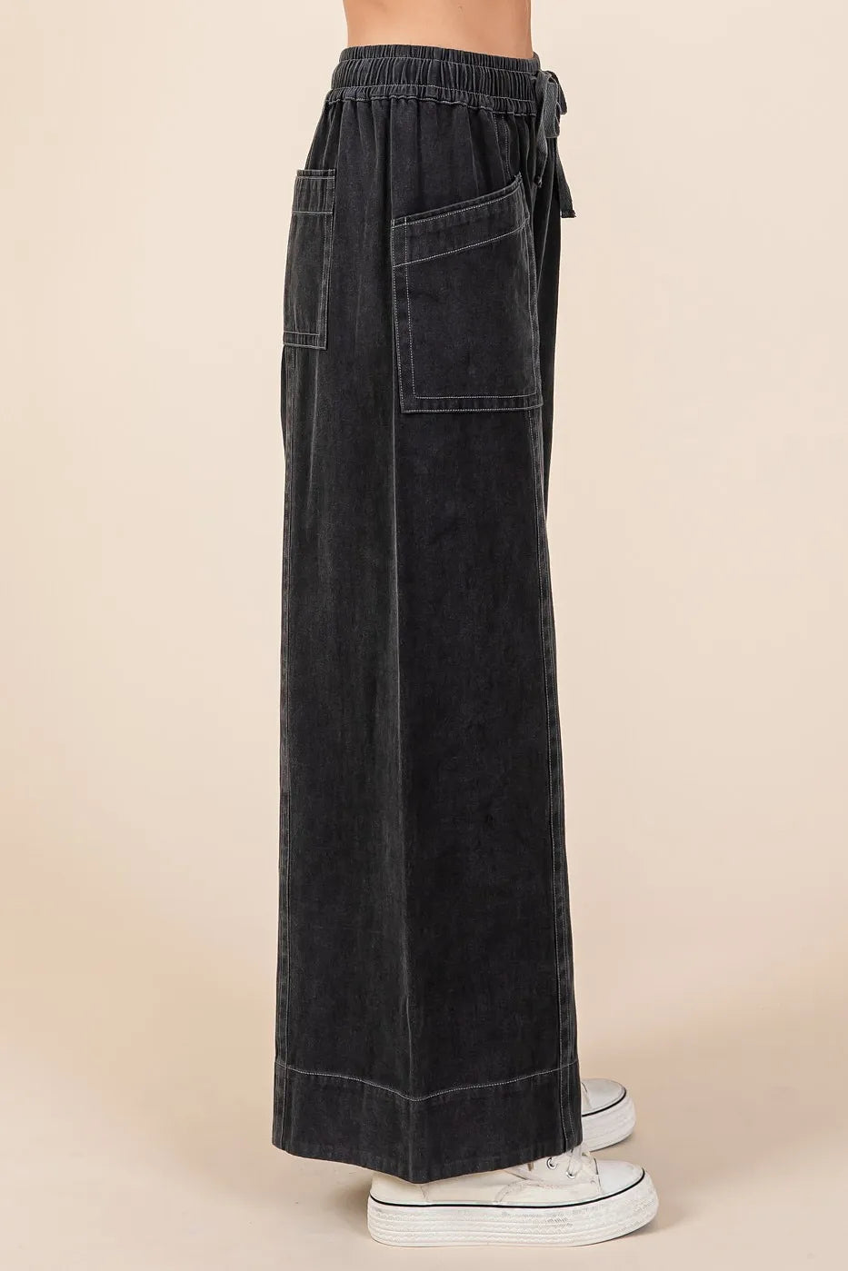 Mineral Wash Wide Leg Elastic Waist Twill Pants