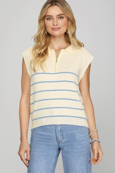 Full Size Ribbed Hem Striped Half Zip Sweater Vest Plus Size