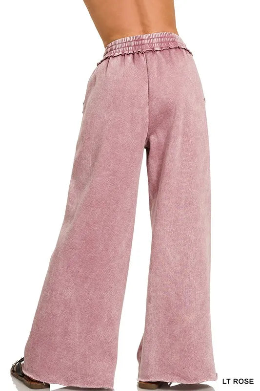 Acid Wash Fleece Palazzo Sweatpants with Pockets