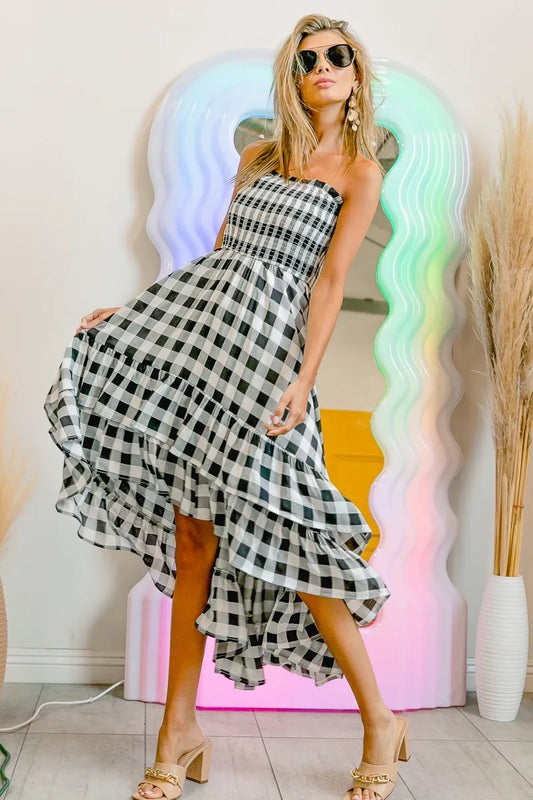 Smocked Body Off Shoulder Check Dress