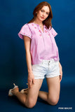 Embroidered Floral V-Neck Tie Flutter Sleeve Top