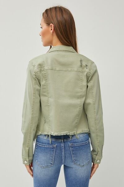 Full Size Raw Hem Button Up Cropped Denim Jacket Plus Size