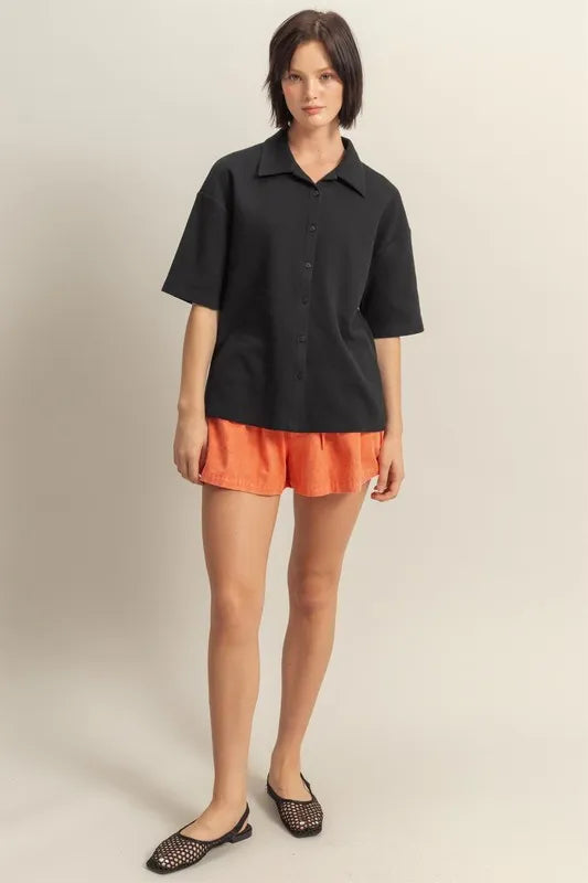  Collared Neck Button Down Waffle Shirt