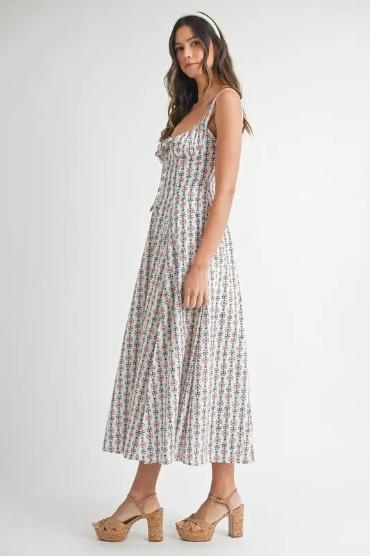 Floral Print Bustier Back Lace Up Midi Dress