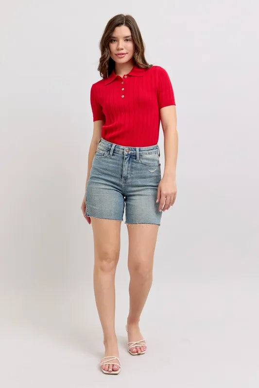 High Waist Vintage Wash Side Slit Denim Shorts