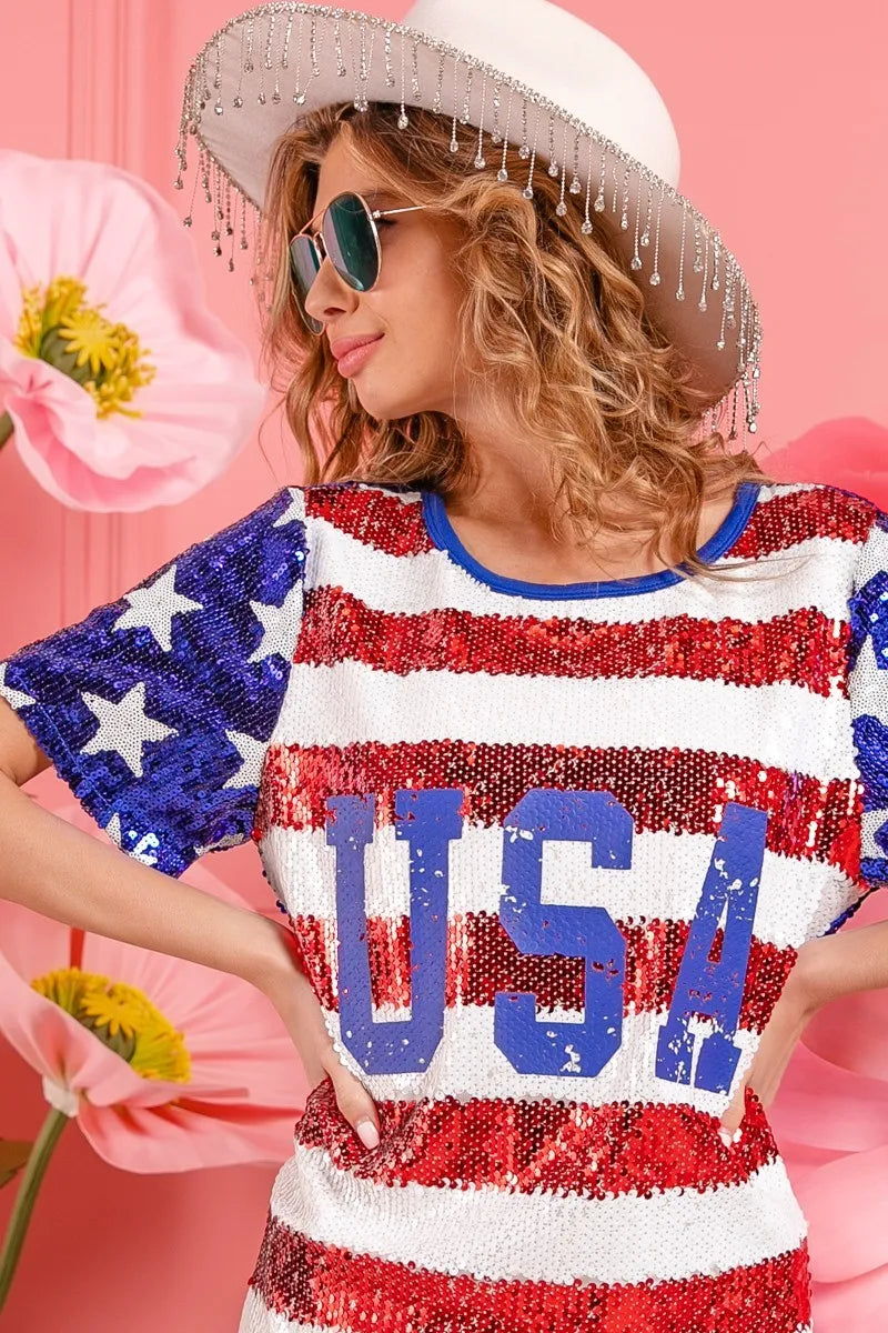American Flag Theme Usa Print Sequin Dress