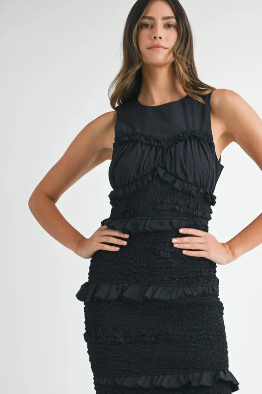 Ruffled Popcorn Smocked Mermaid Midi Dress