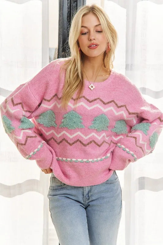 Full Size Fluffy Tree Sweater Top