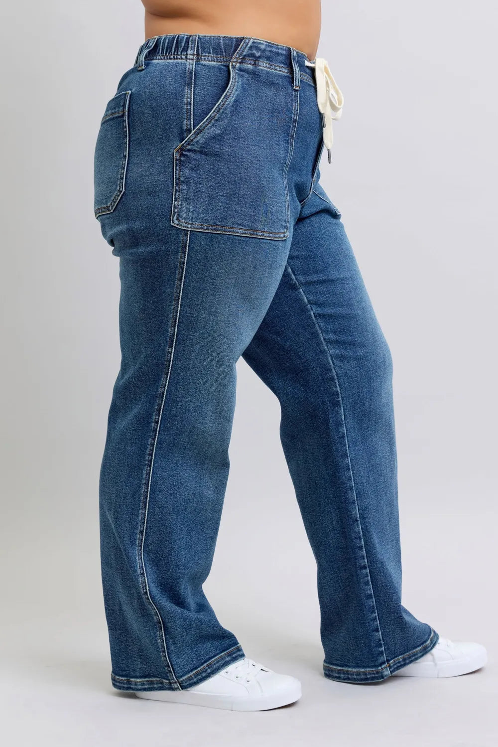 Plus Size High Waist Drawstring Wide Leg Jeans
