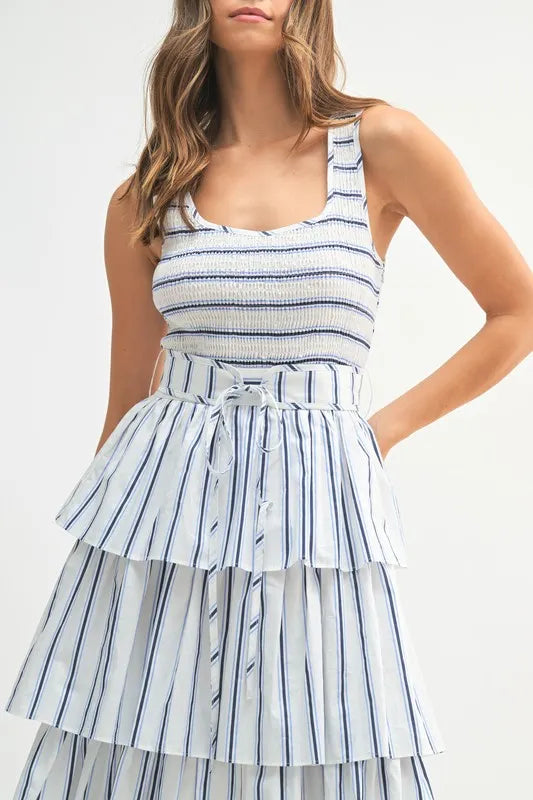 Pin Stripe Smocked Bodice Layered Midi Dress