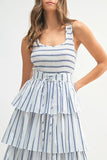 Pin Stripe Smocked Bodice Layered Midi Dress