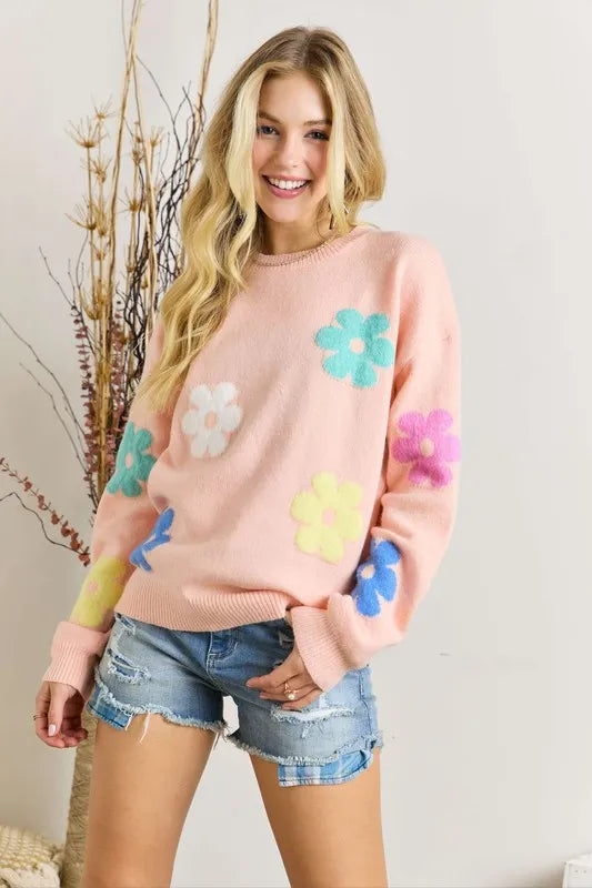 Full Size Flower Popped Sweater