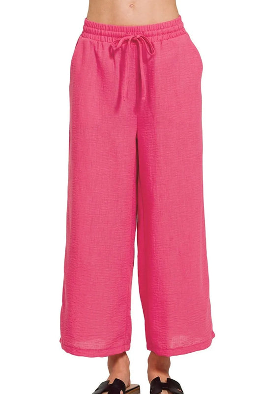 Woven Crepe Elastic Band Waist Cropped Pants