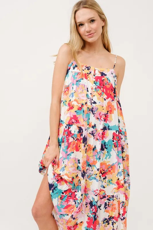Tiered Floral Midi Cami Dress with Pockets