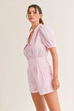 Striped Puff Sleeve Collared Neck Romper