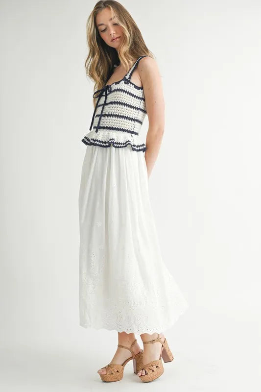 Crochet Stripe Knit Eyelet Mix Midi Dress