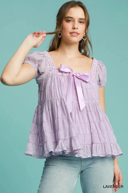 Textured Square Neck Ruffle Hem Blouse with Bow Tie