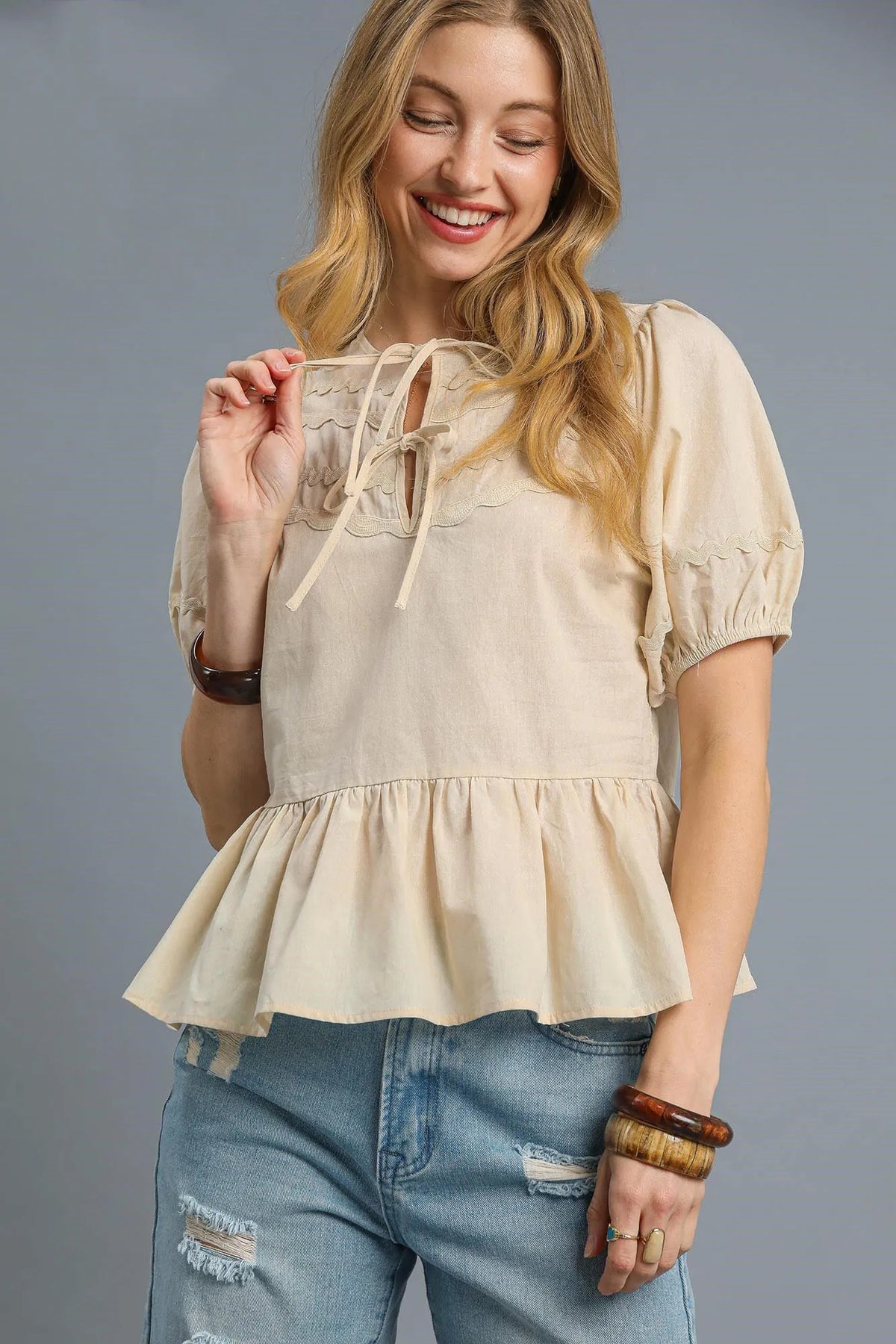 Lace-Up Peplum Puff Sleeve Top