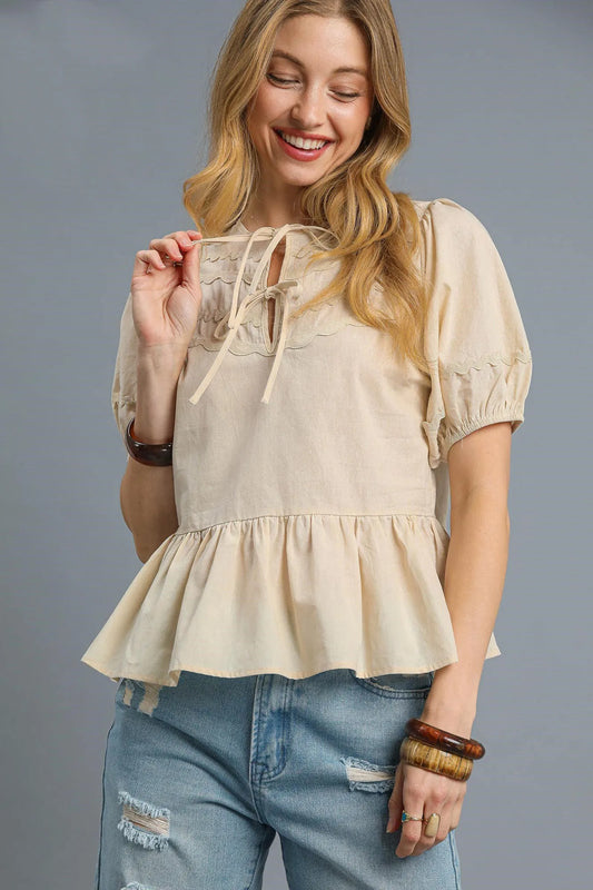 Lace-Up Peplum Puff Sleeve Top