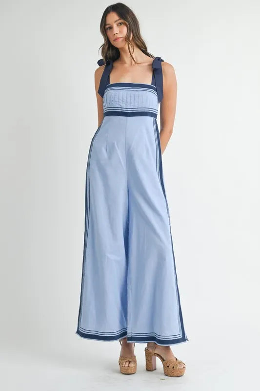 Linen Mix Chevron Sail Shoulder Strap Jumpsuit