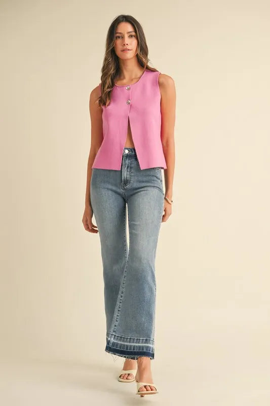 Metal Button Detail Crop Sweater Vest