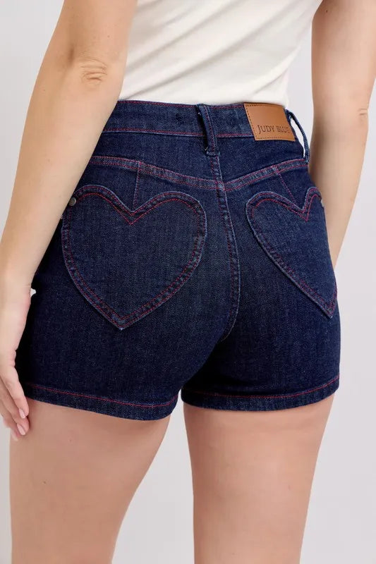 High Waist Heart Shaped Pkts & Red Contrast Thread Denim Shorts