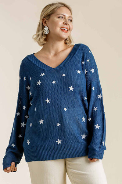 Full Size Star V-Neck Long Sleeve Sweater Plus Size