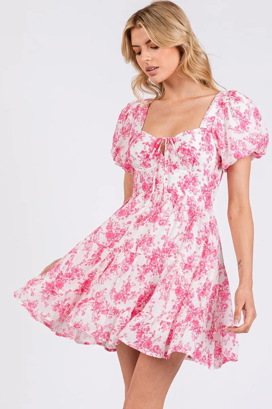 Flower Print Crinkle Gauze Puff Short Sleeve Dress