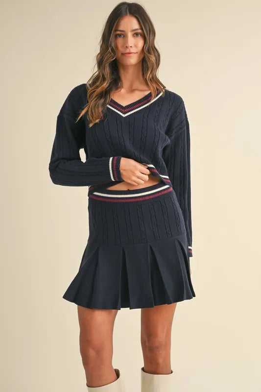 Cable-Knit Top and Pleated Skirt Sweater Set