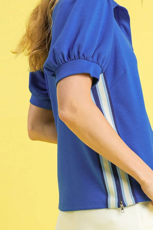 Striped Puff Sleeve Polo with Side Zipper