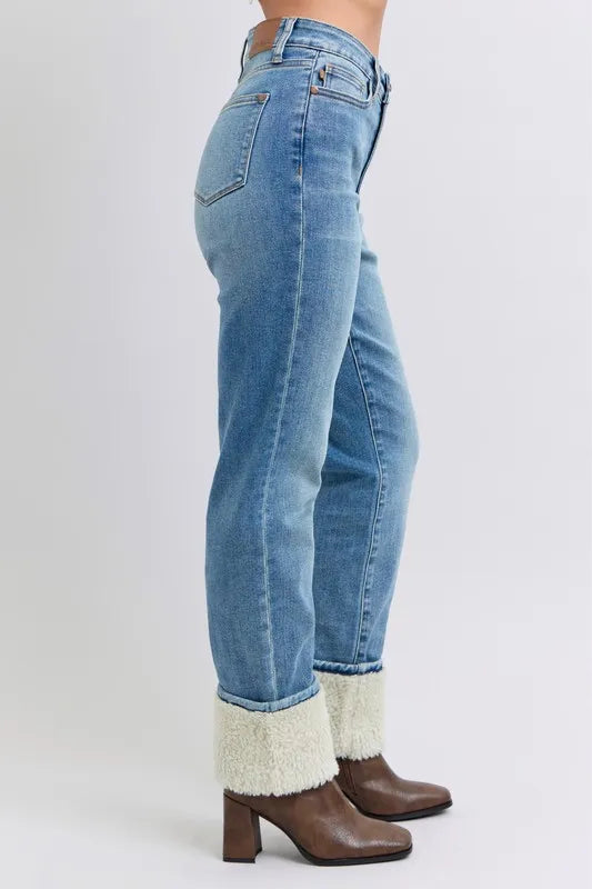 Full Size High Waist Shearling Cuff Straight Plus Size